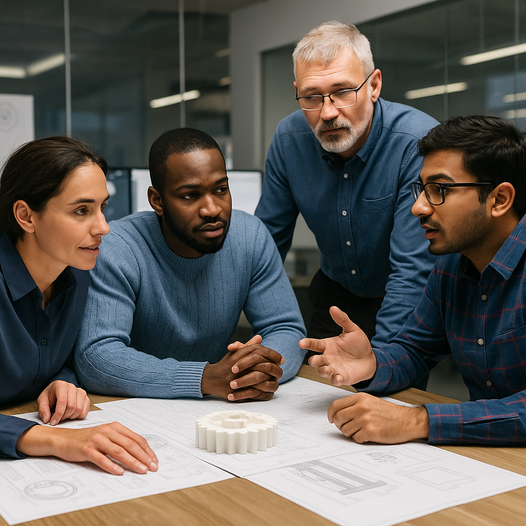 Diverse team of mechanical engineers collaborating on a product development project