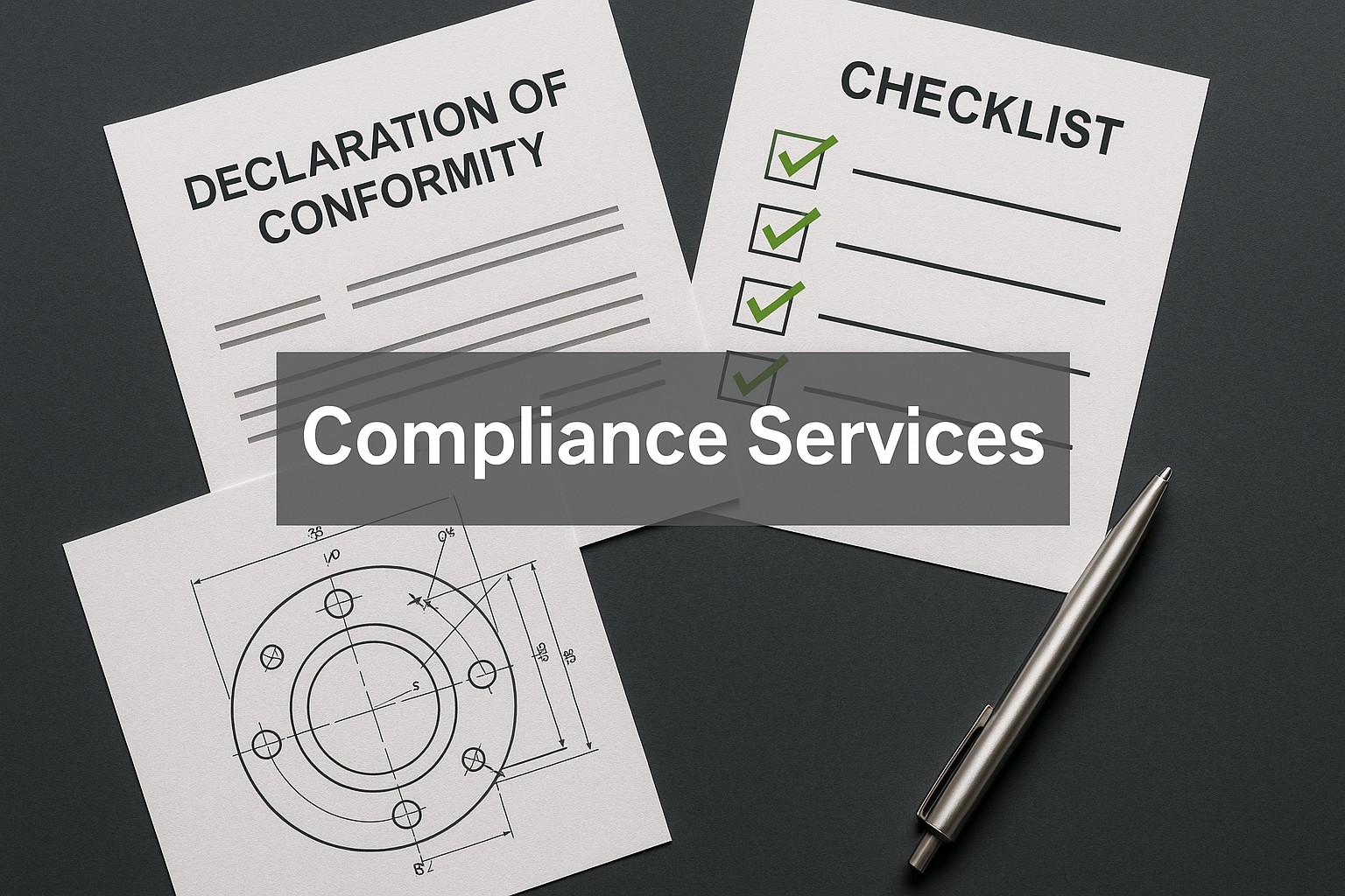 Compliance and risk assessment documents prepared alongside mechanical product schematics and CAD outputs for CE and UKCA certification.