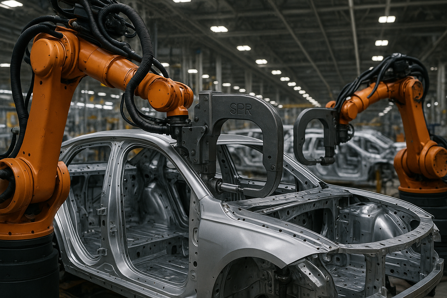 Industrial robots applying Self-Pierce Riveting (SPR) in automotive Body-in-White (BiW) assembly line.