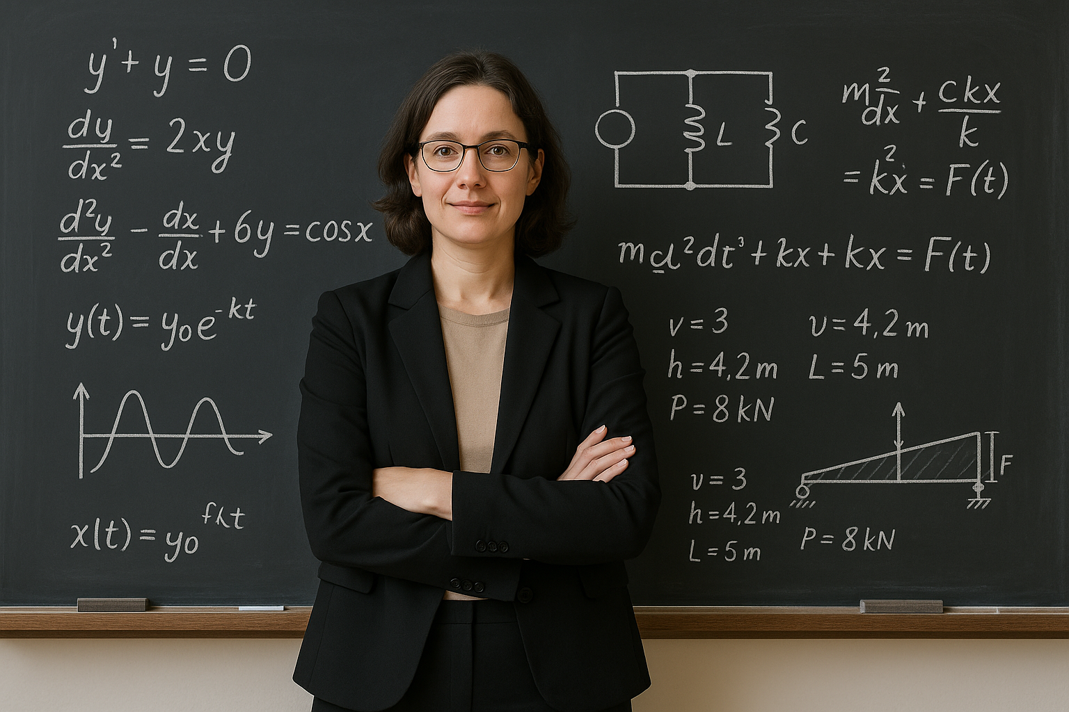 Female mechanical engineering lecturer standing in front of a blackboard with ordinary differential equations and vibration system diagrams