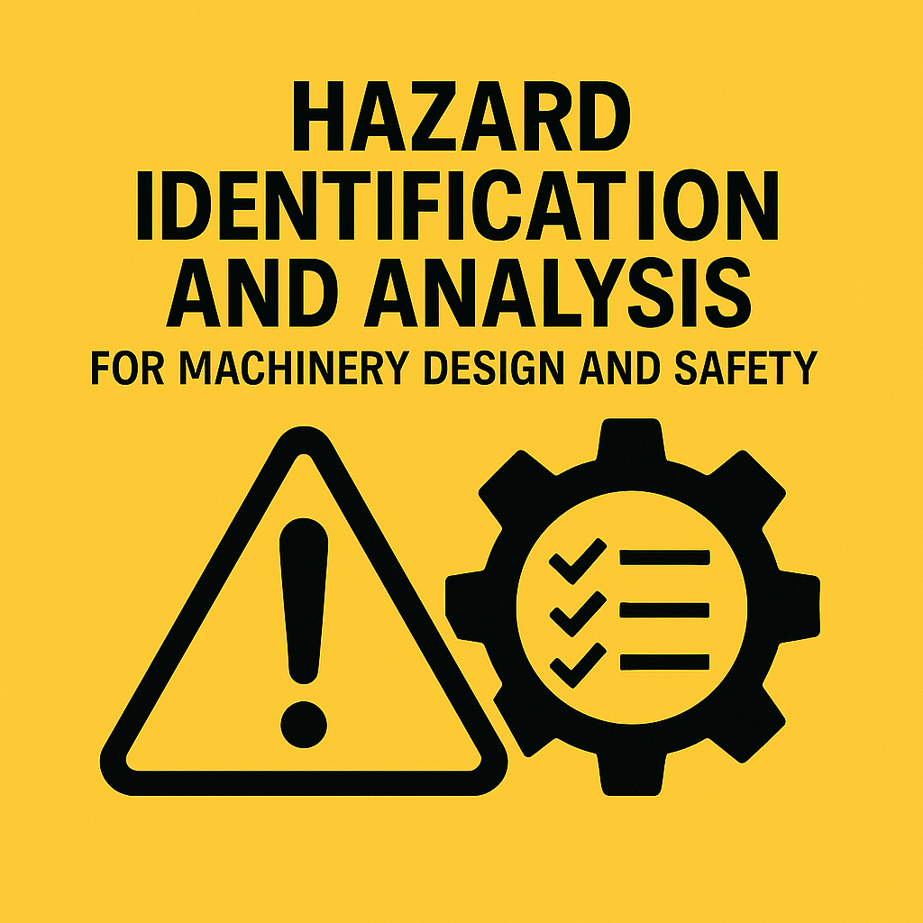 Conceptual graphic showing hazard identification and analysis for machinery design and safety, featuring a warning triangle and cog with checklist on a yellow background.